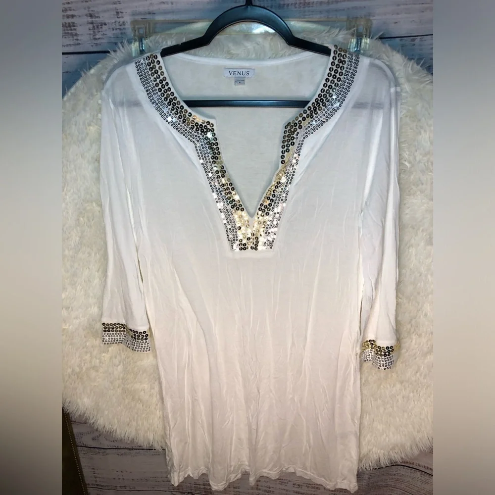 VENUS White Silver Embellished Tunic 3/4 Sleeve Medium NWOT - Picture 7 of 14
